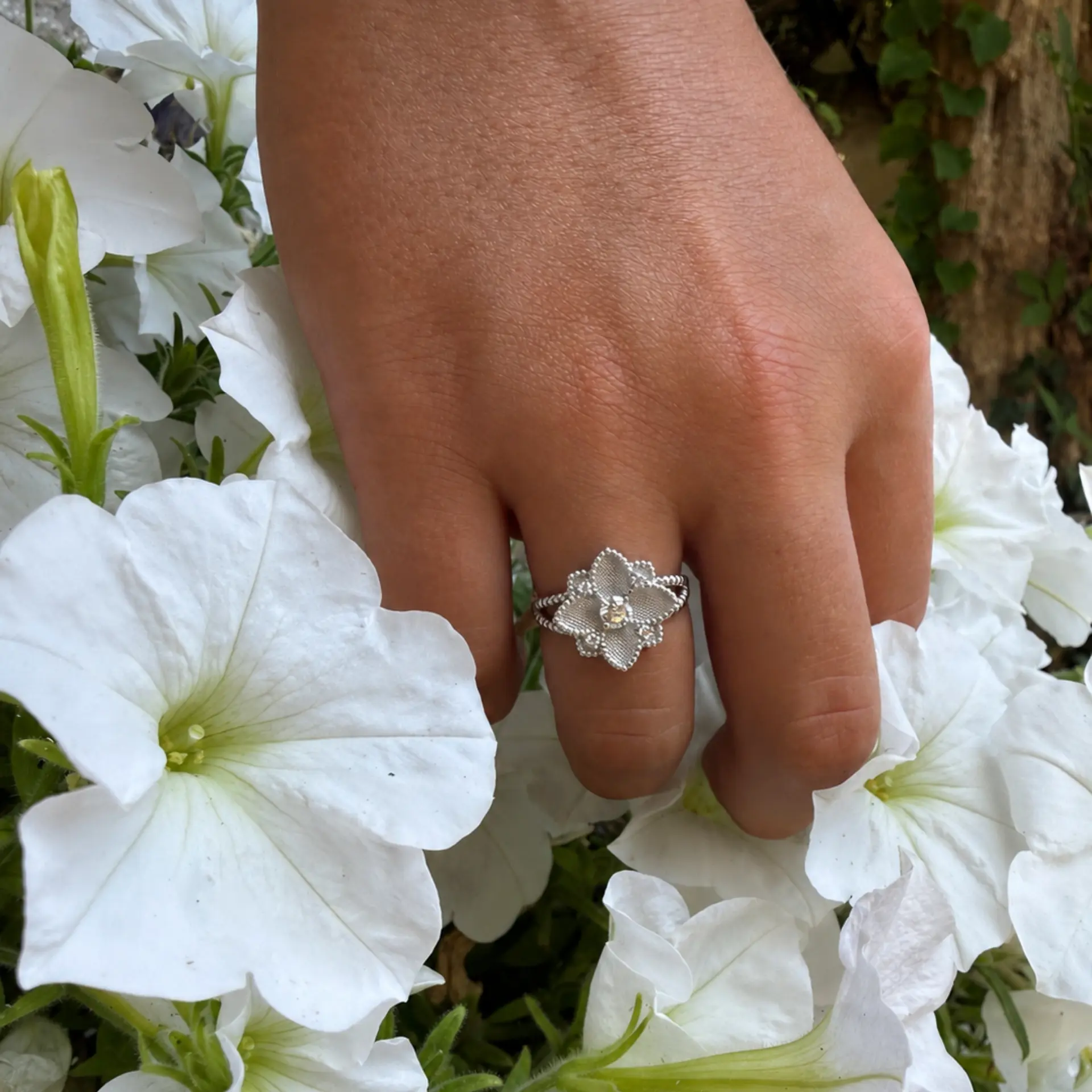 Hortensia Grande Ring — White Gold on hand